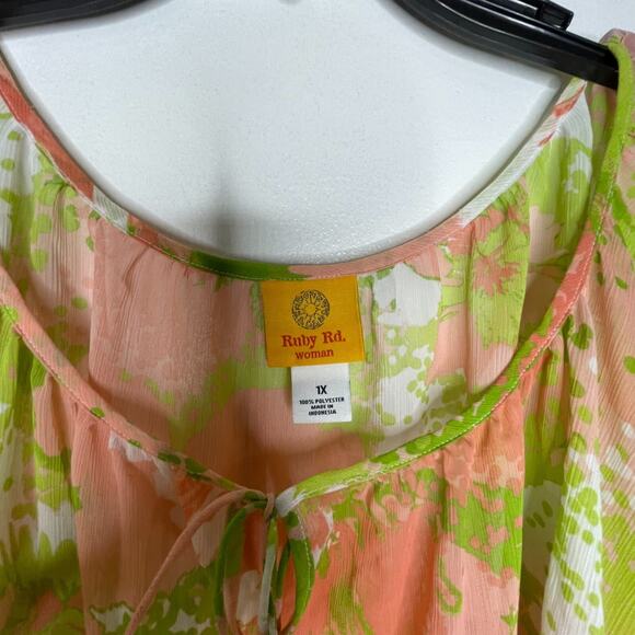 Ruby Rd Sheer Floral Blouse 1X Pink Green Spring Kimono Flutter Sleeve Top - Picture 3 of 5